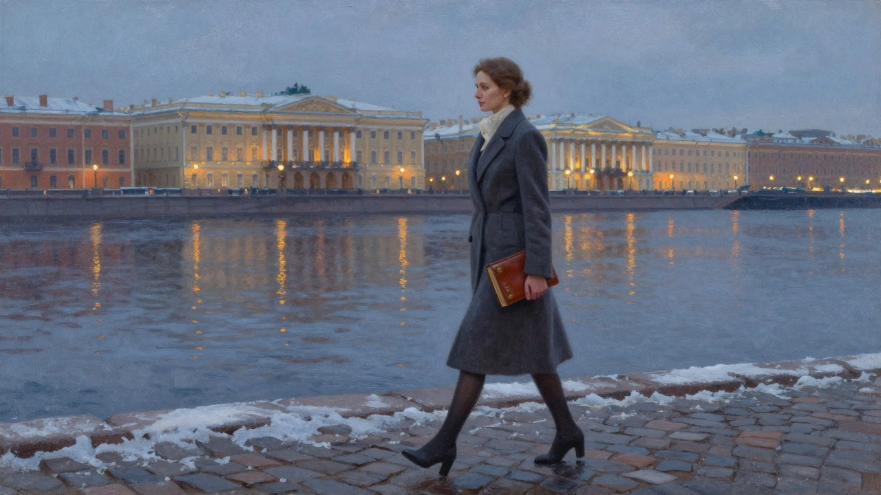 A graceful woman walks along the Neva River at twilight, historic buildings glowing behind her under a dusky sky.