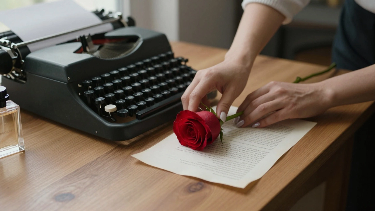 A woman&#039;s hands place a red rose beside a typewriter and letter, natural light highlighting textures of paper and silk.