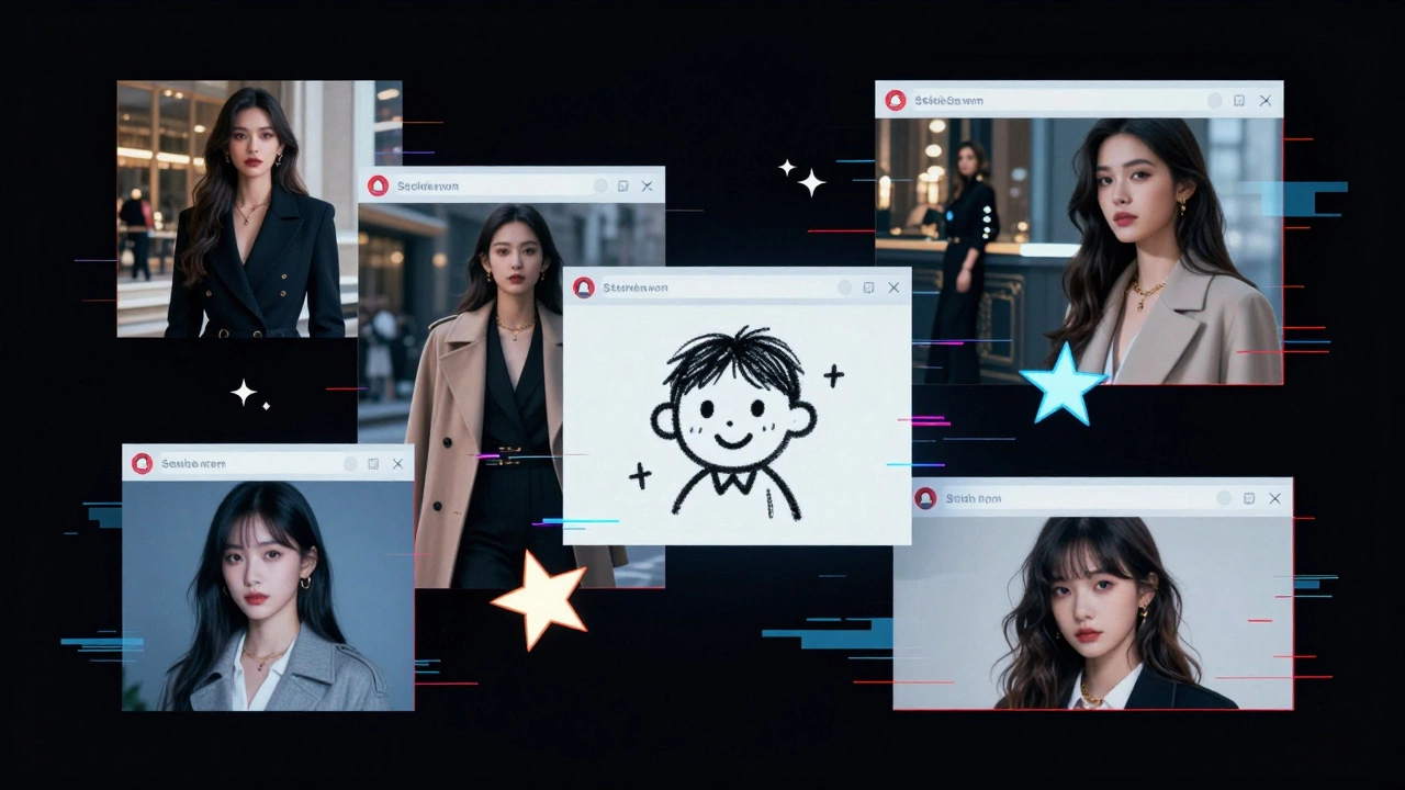 Digital collage of fake escort ads mixed with distorted child drawings in glitchy colors.