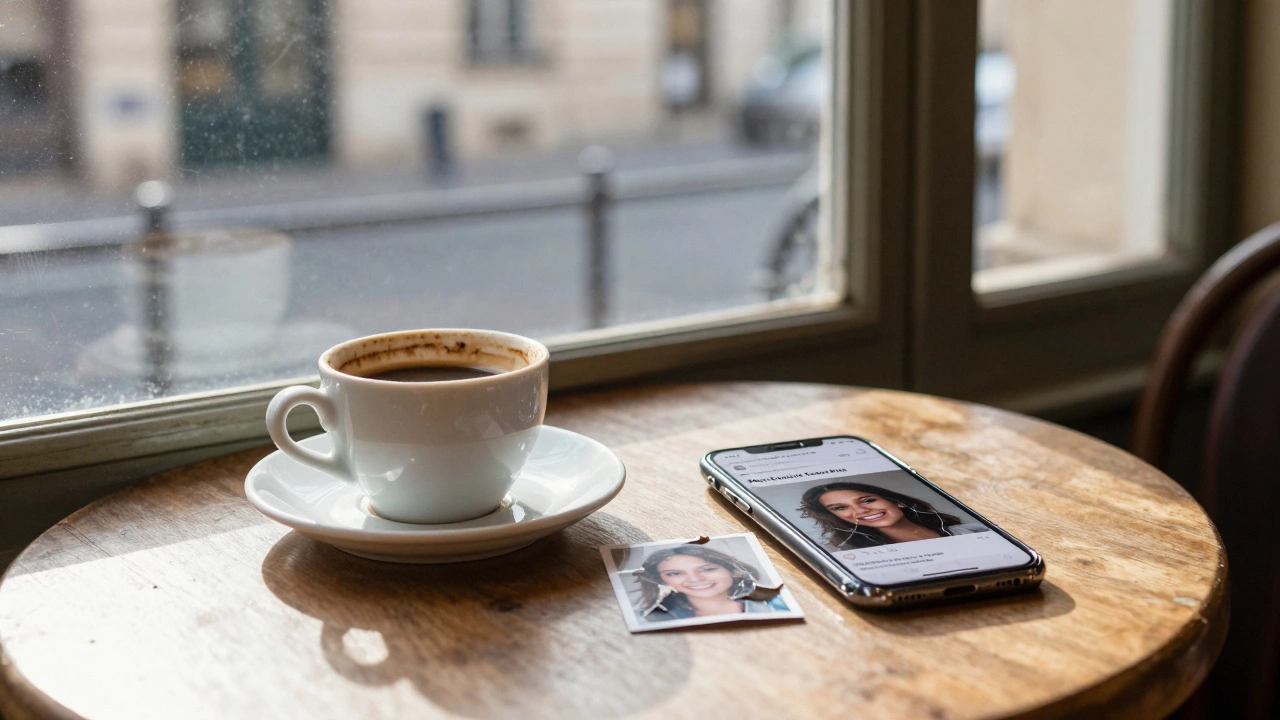Empty café at dawn with a cracked phone showing a deleted escort ad and a torn photo.