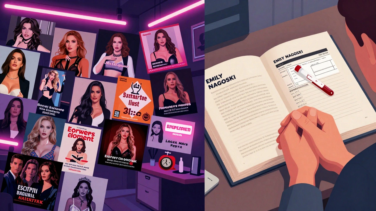 Split image: chaotic ads and porn on one side, calm therapy and books on the other.