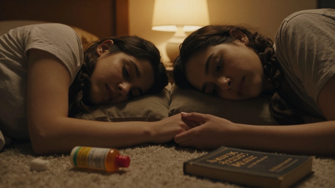 Two people lying quietly together, holding hands in a warm, peaceful bedroom.
